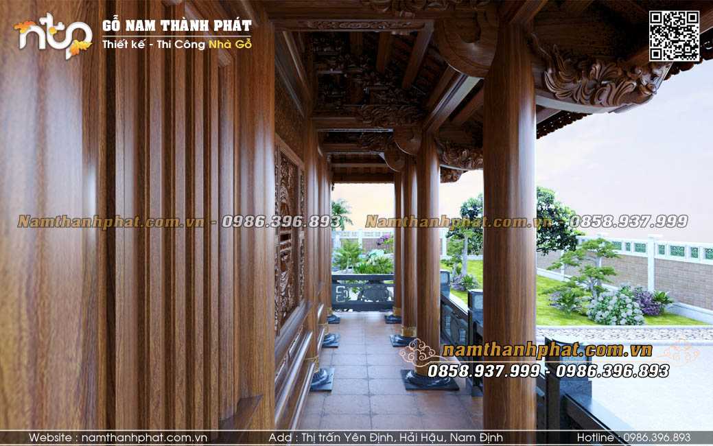 Thiết kế nhà gỗ 3 gian 2 chái với phần hiên rộng và thoáng